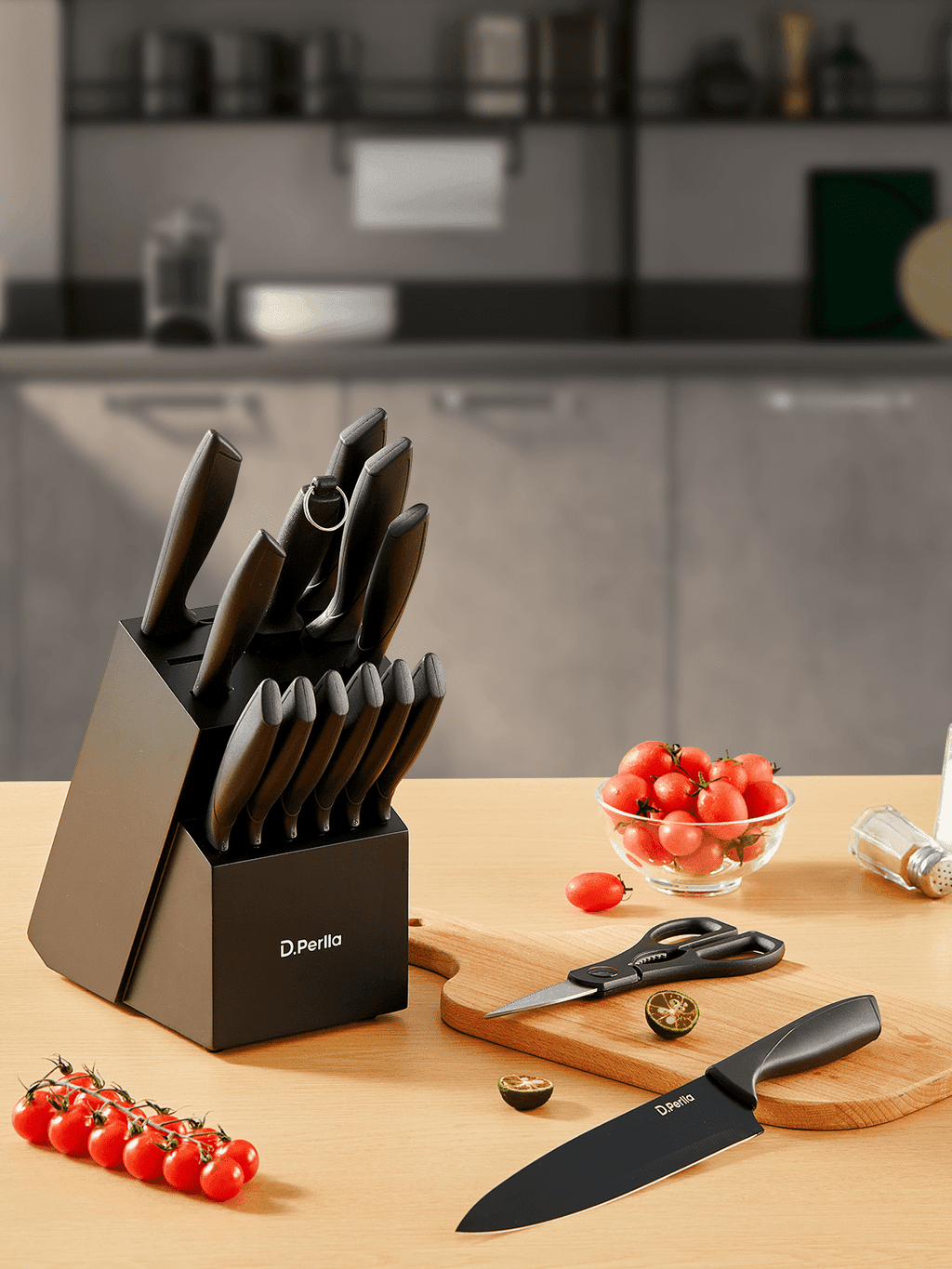 D.Perlla Kitchen Knife Set, 15 Pieces High Carbon Stainless Steel Knife Block Set with Anti-Rust & Non-stick Coating, Dishwasher Safe