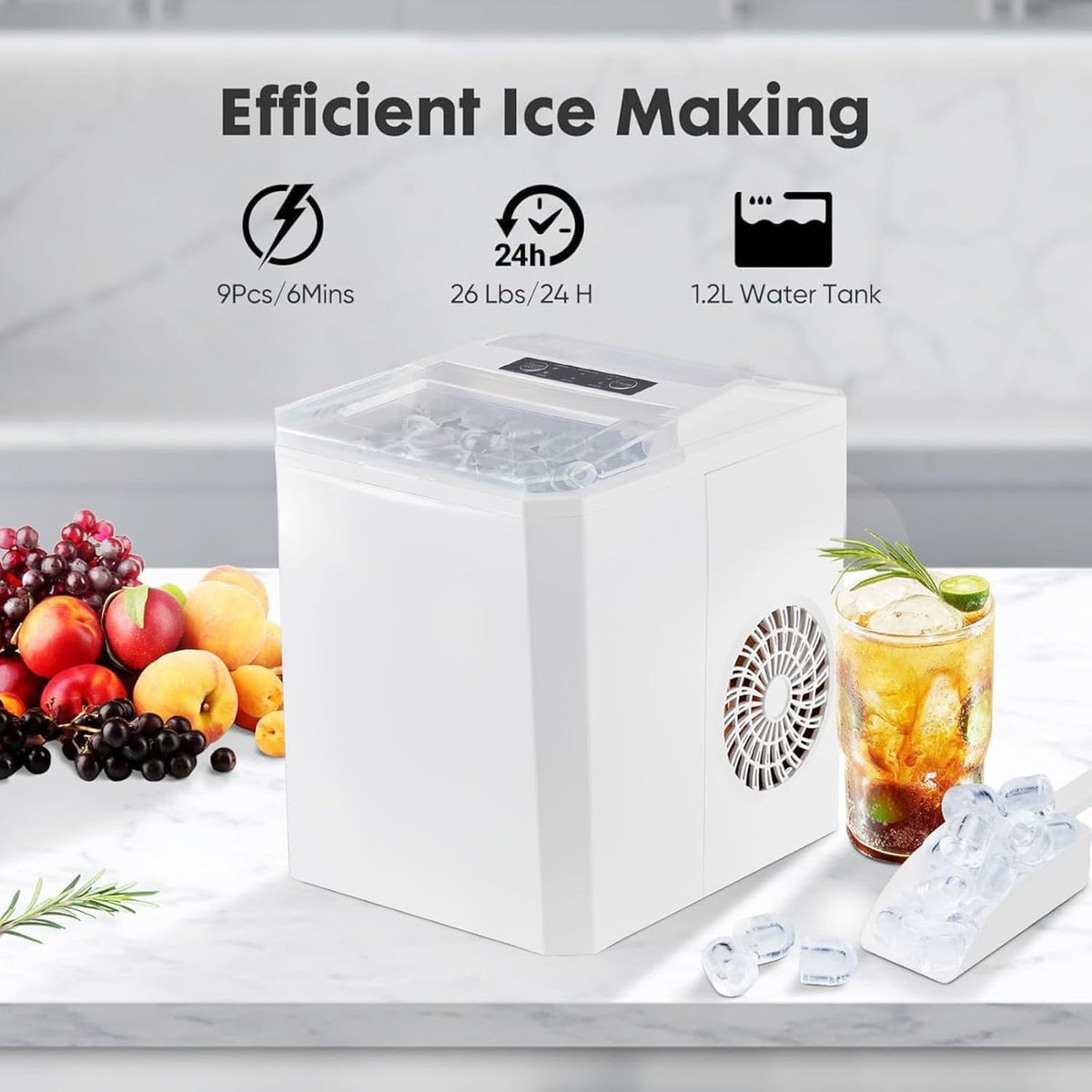 Simenmax Ice Maker Countertop – 26lbs Desktop ice maker with Handle for Home, Kitchen, Office, Outdoors, RV, Camping, White