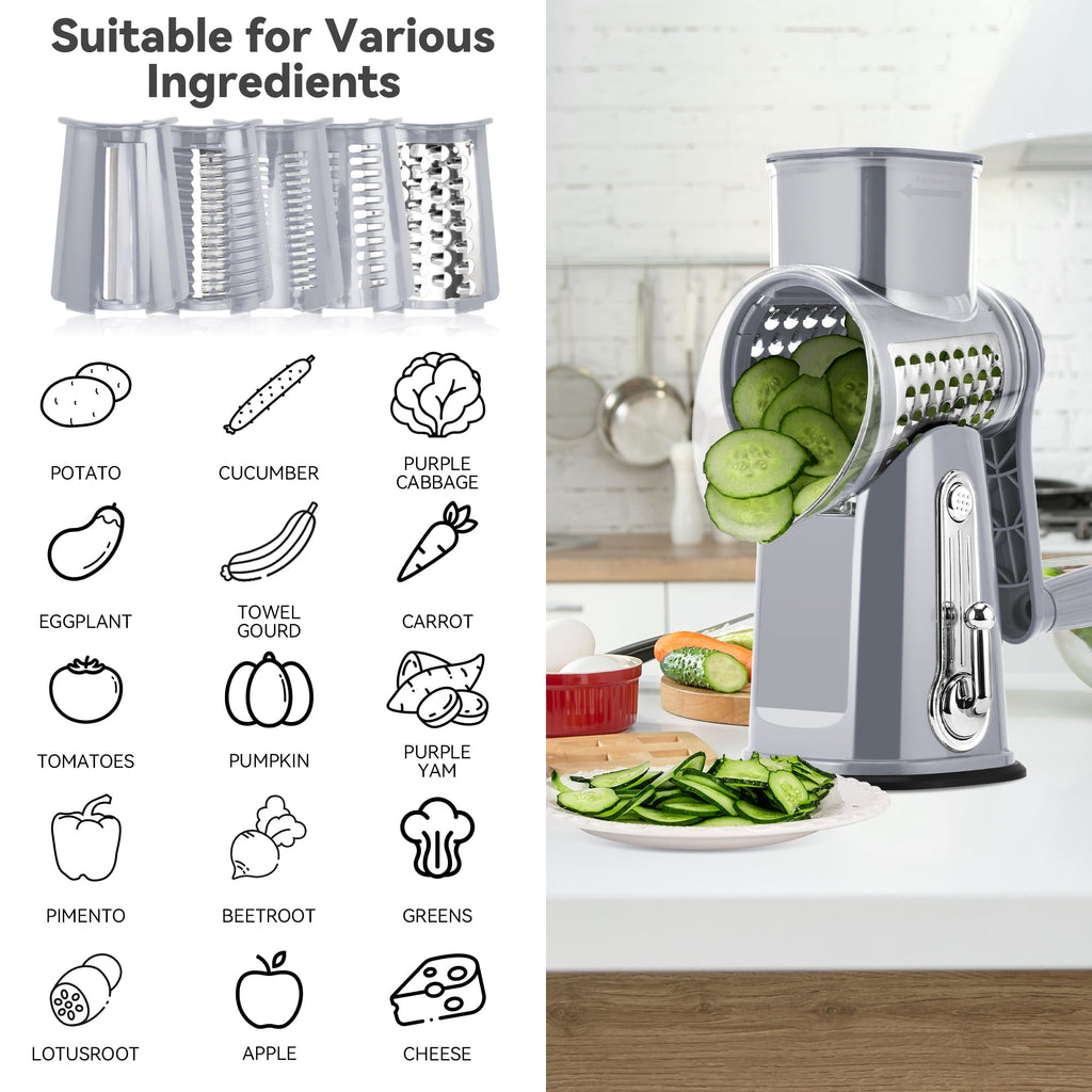 Pukomc Rotary Cheese Grater with Handle- 5 Blades, Suction Base, Mandoline Slicer & Veg Shredder with Blade Storage Box(Green)