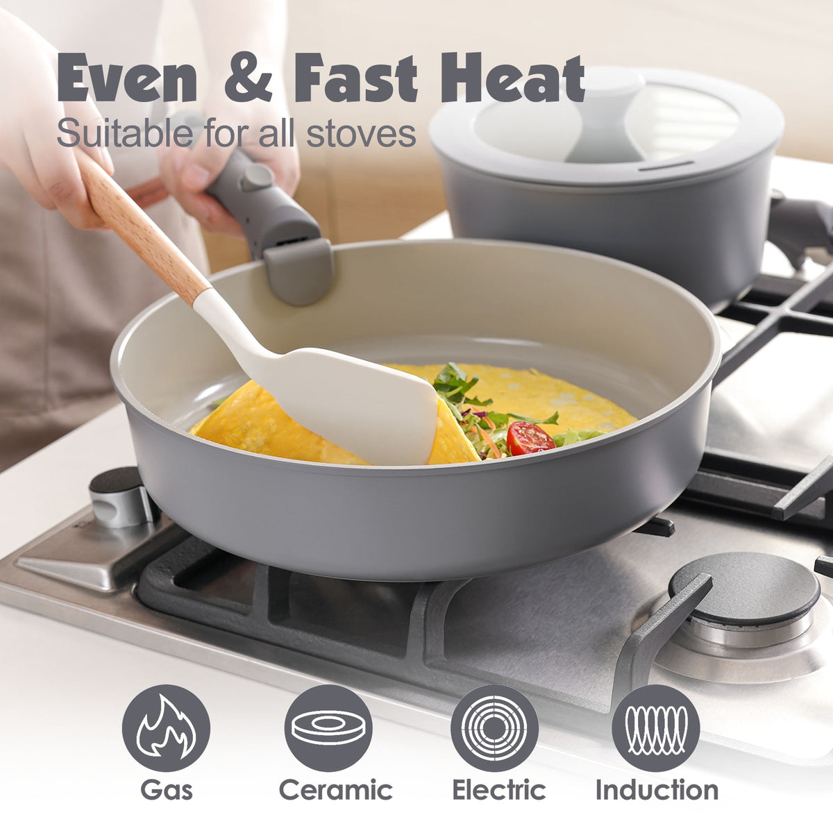 SENSARTE 18-Piece Ceramic Cookware Set with Detachable Handle, Gray Nonstick Pots and Pans Set, Induction Compatible, Dishwasher/Oven Safe, Healthy Cooking Set for RV & Camping