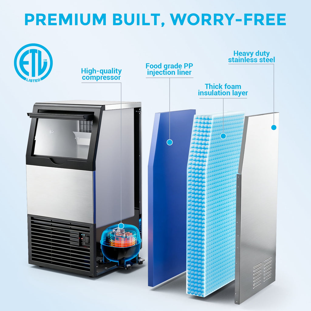 Snowyermine Residential/Commercial Ice Maker, 100 lbs/24H, 33 lb Storage Bin,Built-In or Freestanding Under Counter Ice Machine, Self-Cleaning for Restaurant, Bar, Cafe & Home, Silver