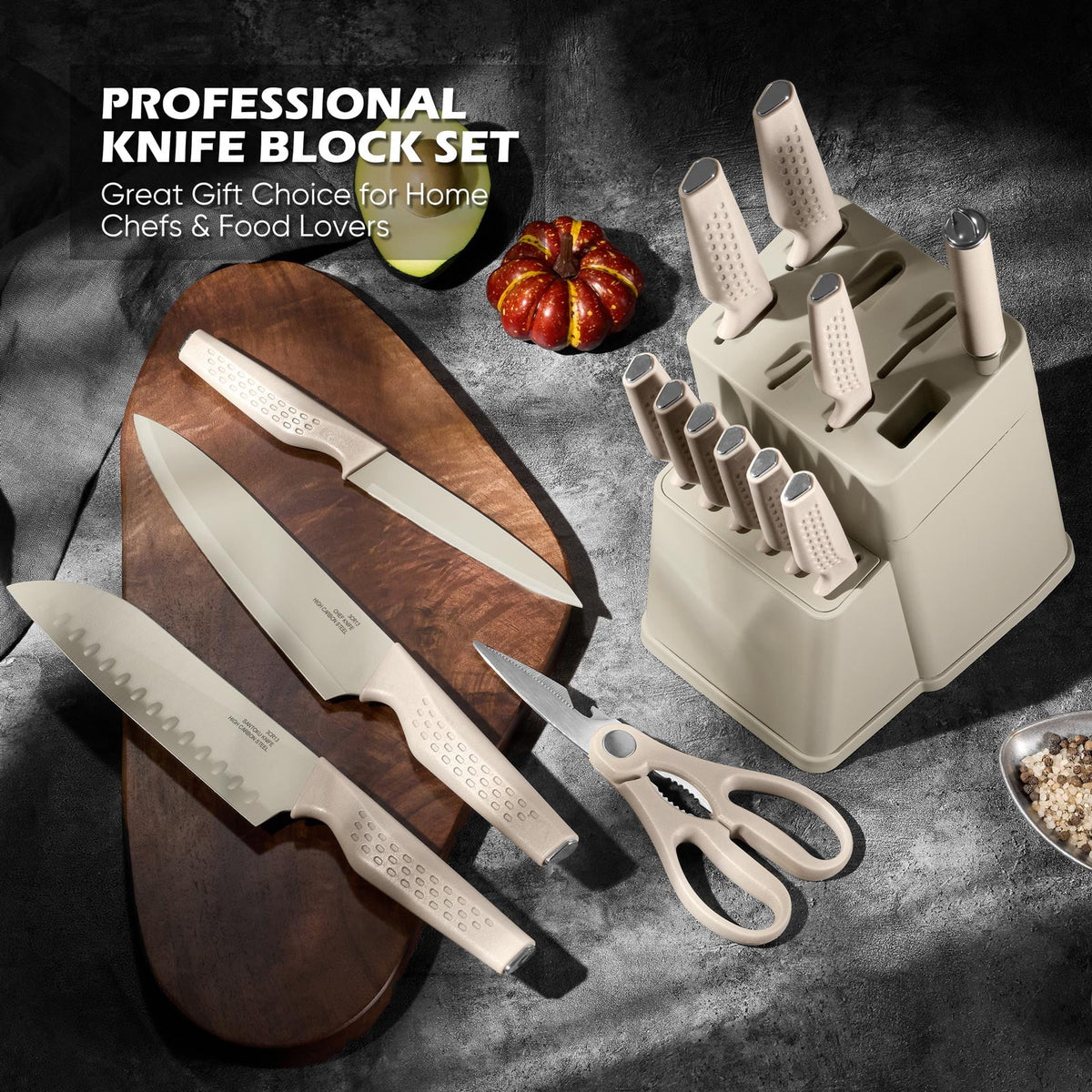 Vesteel Knife Block Set for Kitchen, 15-Piece High Carbon Stainless Steel Knives Set with Ergonomic Handle, Ultra-sharp & Rust Resistant, Walnut Brown