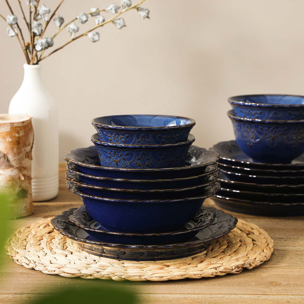 vancasso 16 pcs Dinnerware Sets, Plates and Bowls Set for 4, Stoneware Dinner Set, Blue