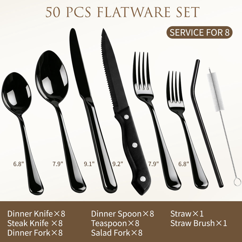 Kikcoin 42 Pcs Silverware Set for 8, Stainless Steel Flatware Set, Mirror-Polished Spoons, Forks and Knife Set, Cutlery Utensils Set for Kitchen, Wedding and Restaurant, Black