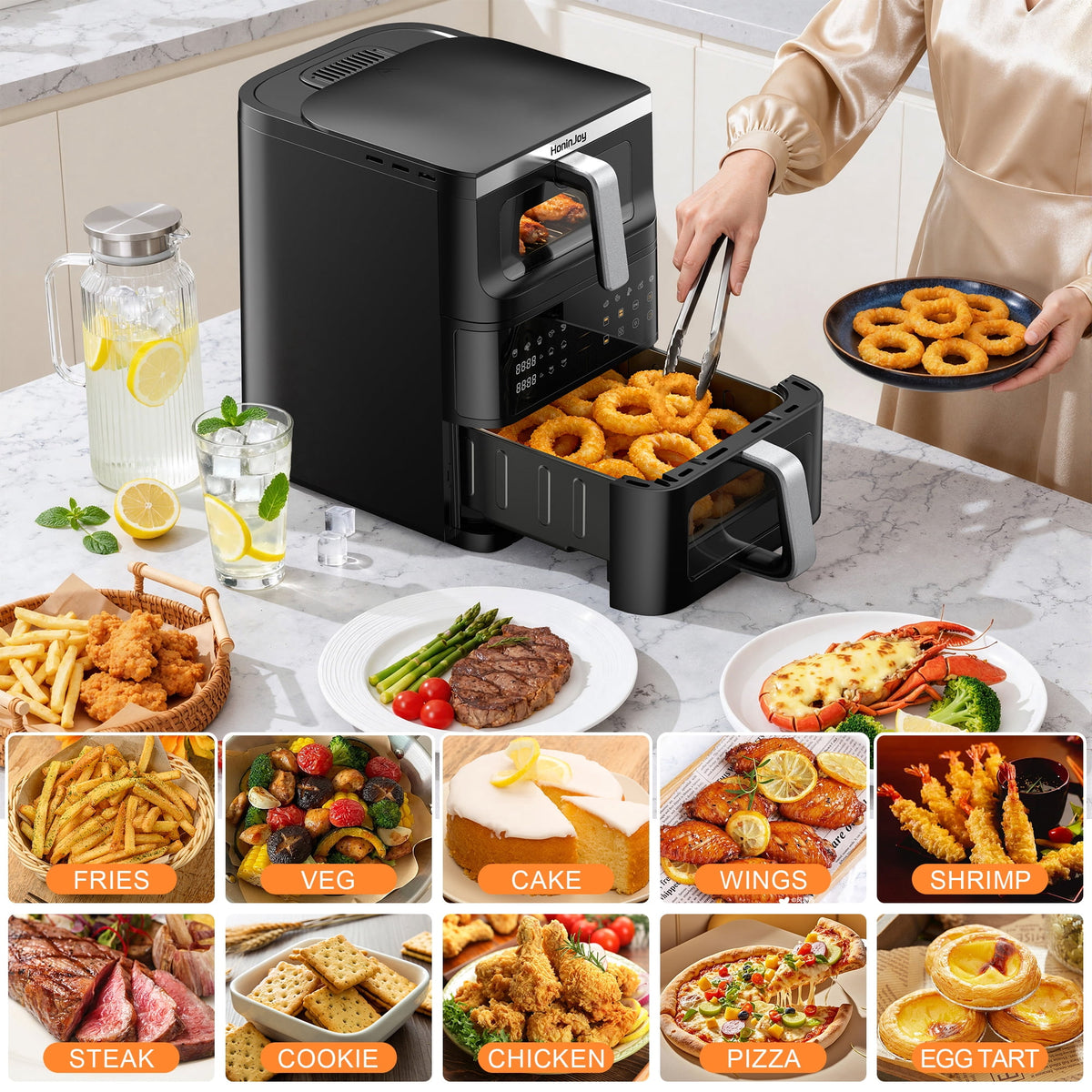 HoninJoy 13 QT Stack Double Basket Air Fryer, Space Saving Design, 10-in1 Air Fryer, Roast, Bake & More, Easy to Clean, Dishwasher Safe Parts