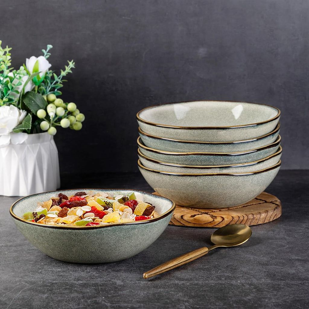 AmorArc Ceramic Cereal Bowls Set of 6, 24 oz Handmade Stoneware Bowls Set for Cereal Soup Salad, Stylish Kitchen bowls for Meal, Dishwasher & Microwave Safe, Reactive Glaze-Pearl White