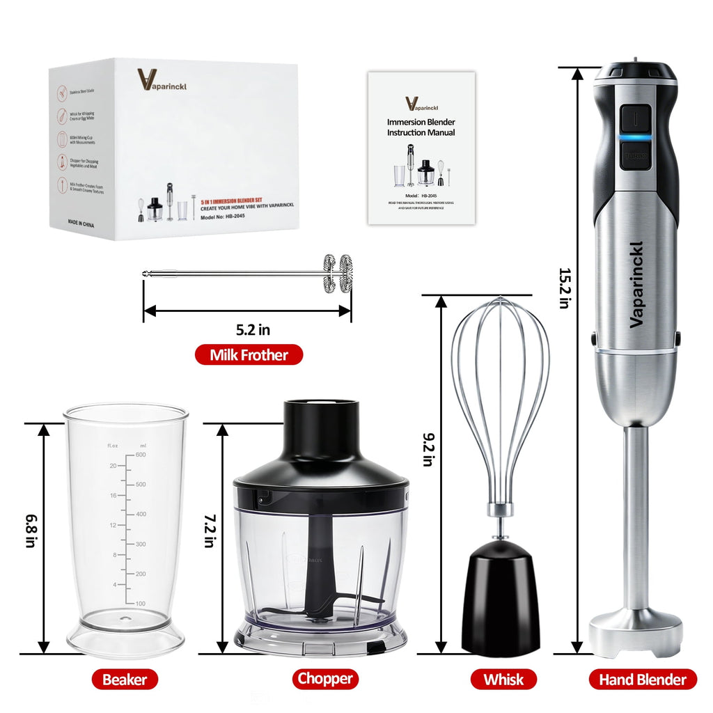 Vaparinckl Immersion Blender, 24-Speed 1100W Stainless Steel Handheld Blender, 5-in-1 with Turbo, Hand Mixer Stick Blender with Chopper, Beaker, Whisk,Milk Frother for Kitchen, Soups&Smoothies, Black