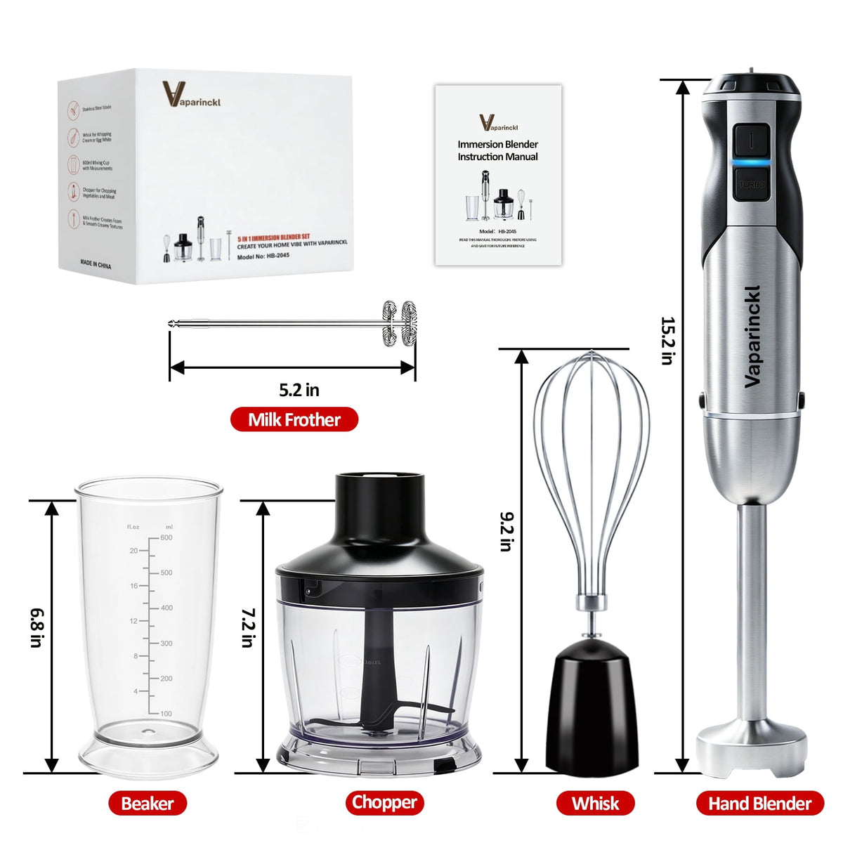 Vaparinckl Immersion Blender, 24-Speed 1100W Stainless Steel Handheld Blender, 5-in-1 with Turbo, Hand Mixer Stick Blender with Chopper, Beaker, Whisk,Milk Frother for Kitchen, Soups&Smoothies, Black