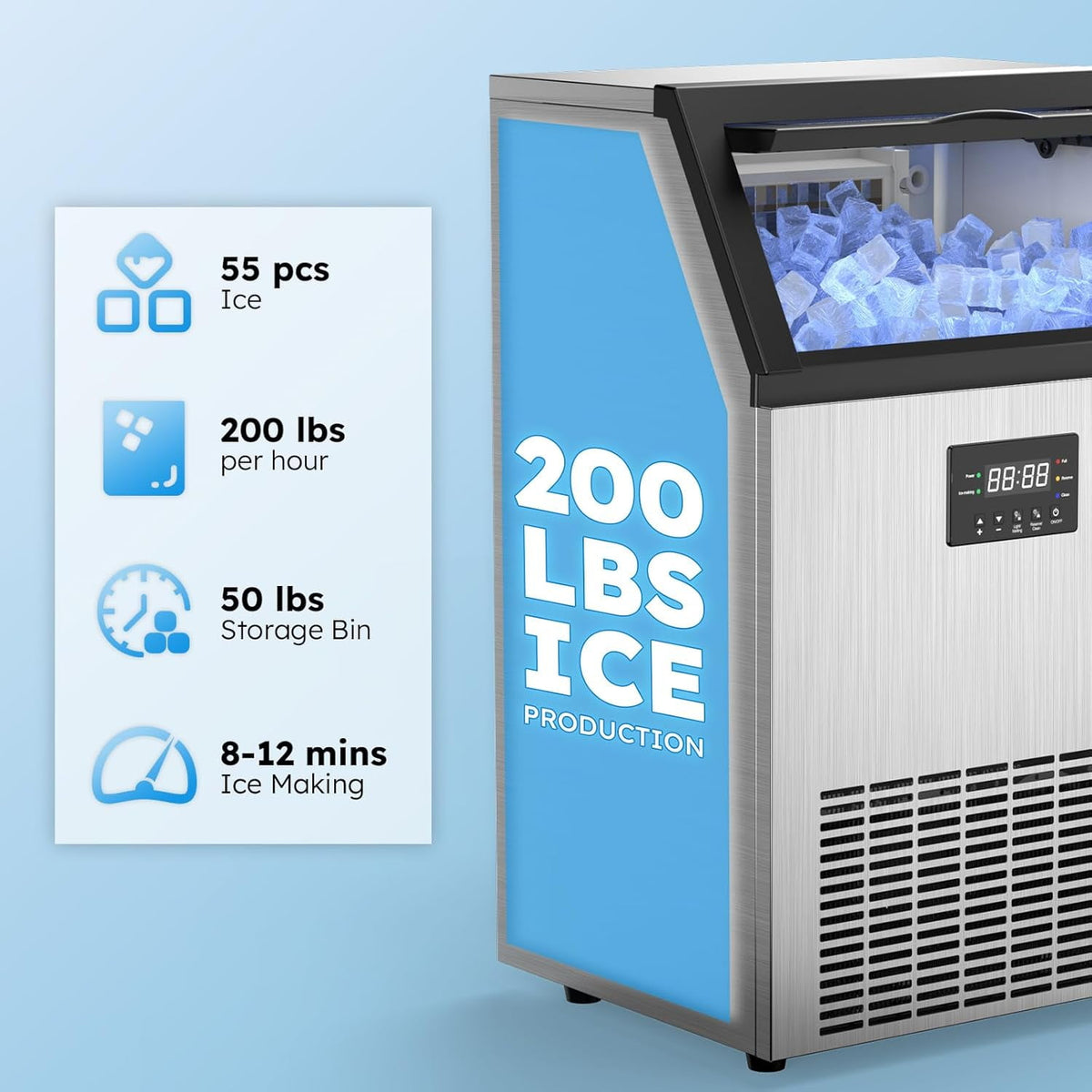 Ecojoy Commercial Ice Maker Machine 200Lbs/24H, 50Lbs Storage Bin, Freestanding & Under Counter Ice Maker | 55 Ice Cubes in 5-15 min | Thicknesses Adjustable | Commercial Ice Machine, Stainless Steel