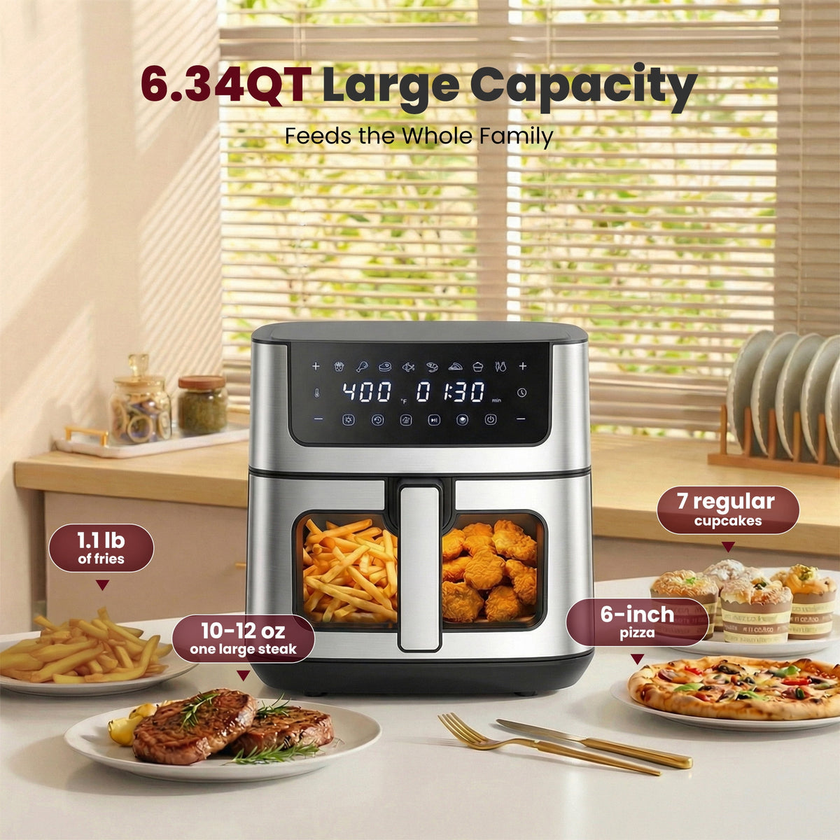 EDX 6QT Stainless Steel Air Fryer with Digital Touchscreen, 1500W, 8 Presets, Dishwasher Safe Basket, 90 Min Timer, 24H Delay Start, Gray