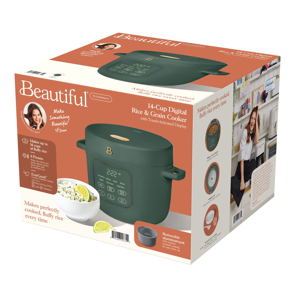 Beautiful 14-Cup Cooked, 6-Cups Uncooked Electric Rice and Grain Cooker, EverGood Ceramic Nonstick Coating, Thyme Green by Drew Barrymore