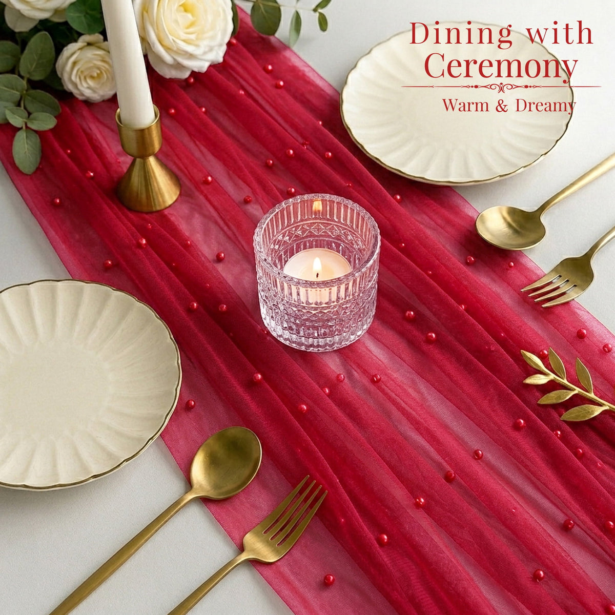 Inosoo Pearl Gauze Table Runner 30x120 inch, 10FT Sheer Tulle Table Decor with Shatterproof Pearls for Wedding Party Dining, White