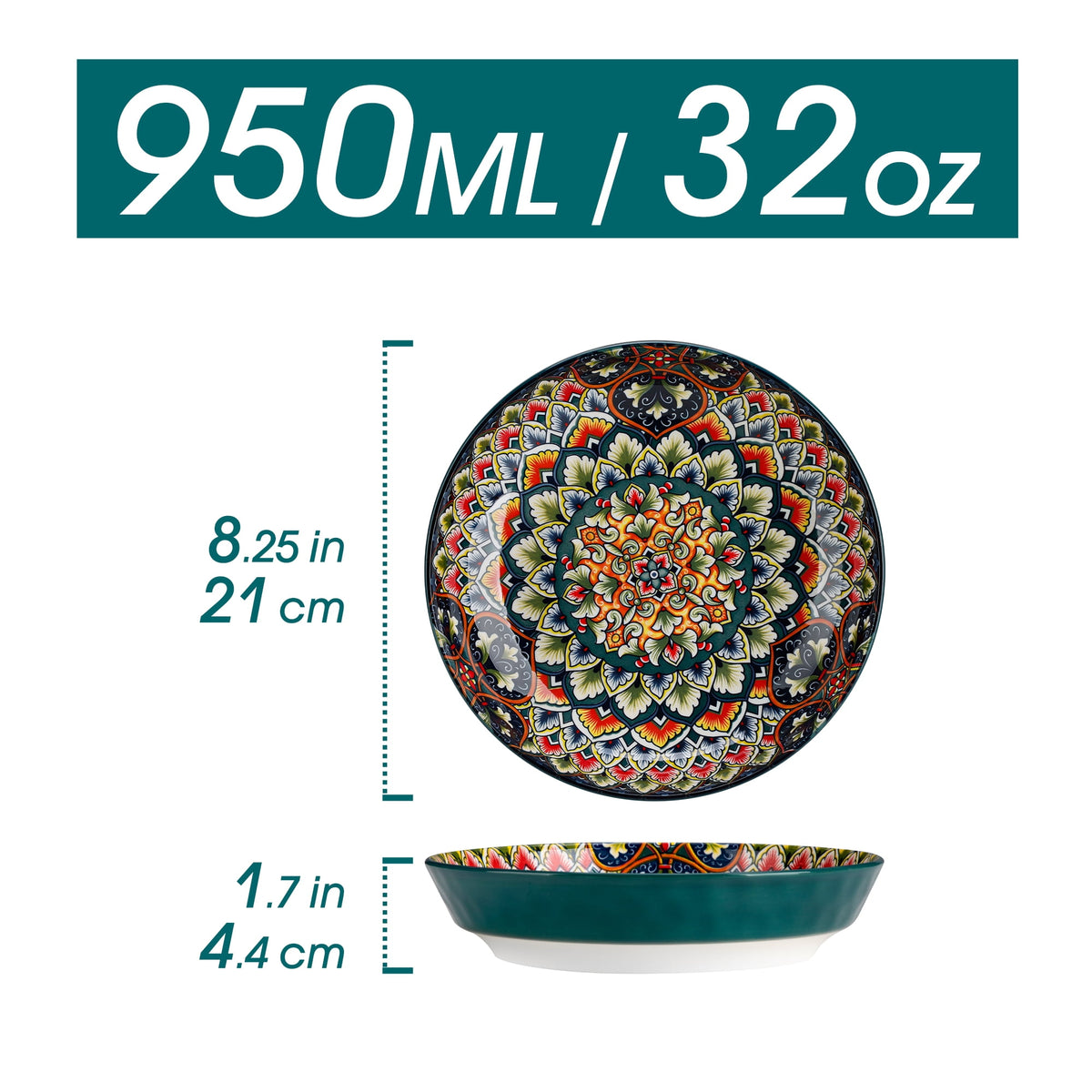Vancasso Pasta Bowls, Ceramic 32 oz Dinner Bowls Set of 6, Bohemian Salad Bowls, Large Serving Bowls for Soup and Cereal, Microwave and Dishwasher Safe, Series LUMI