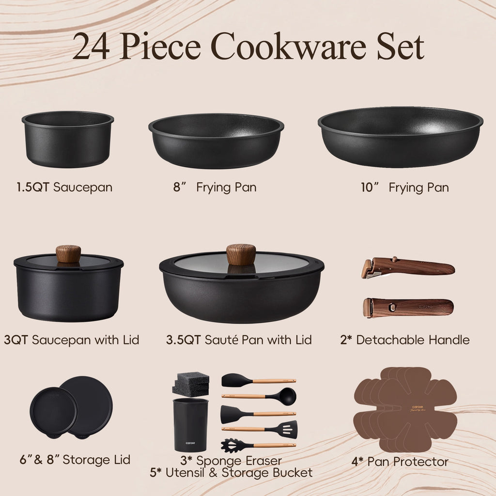 Carote 24-Piece Nonstick Cookware Set, Pots and Pans Set with Detachable Handle, Induction Compatible, Oven & Dishwasher Safe, Black