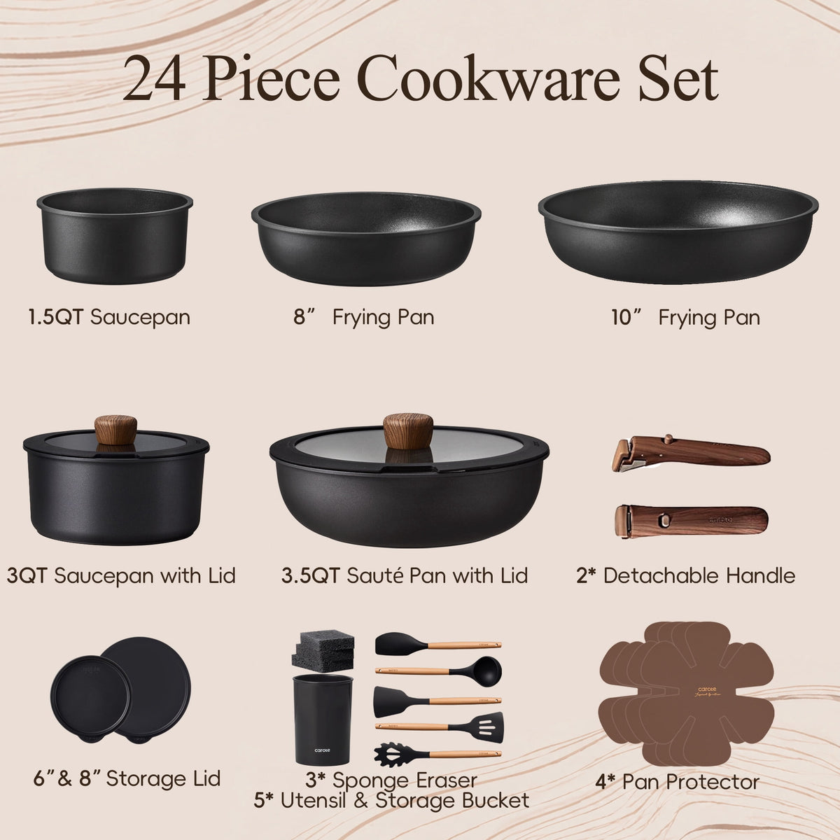 Carote 24-Piece Nonstick Cookware Set, Pots and Pans Set with Detachable Handle, Induction Compatible, Oven & Dishwasher Safe, Black
