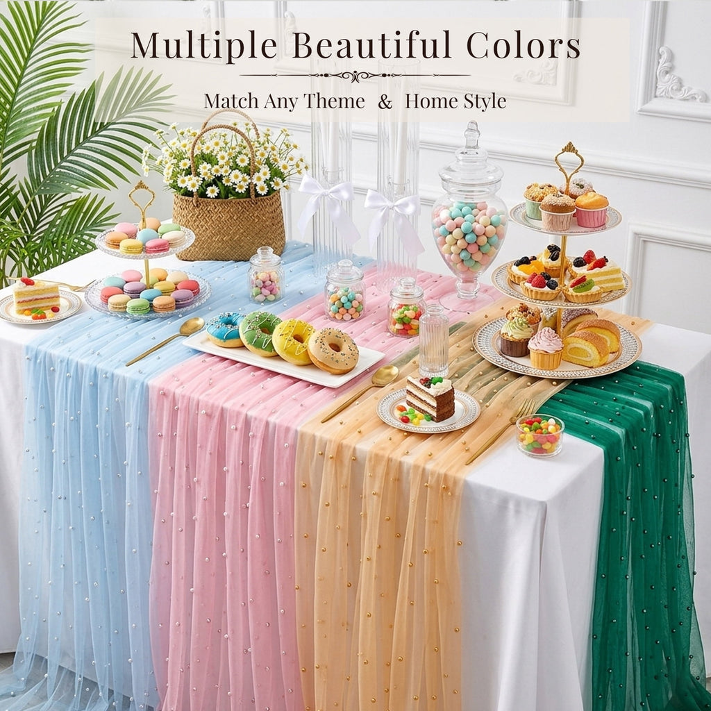 Inosoo Pearl Gauze Table Runner 30x120 inch, 10FT Sheer Tulle Table Decor with Shatterproof Pearls for Wedding Party Dining, White