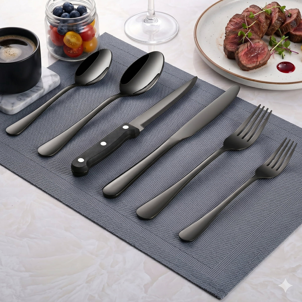 Black Silverware Set with Steak Knives, 24-Piece Flatware Set Service for 4, Thickened Stainless Steel Spoons and Forks Set, Upgraded Rust-Resistant Coating, Dishwasher Safe Cutlery Set for Gifts