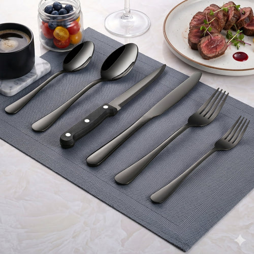 Black Silverware Set with Steak Knives, 24-Piece Flatware Set Service for 4, Thickened Stainless Steel Spoons and Forks Set, Upgraded Rust-Resistant Coating, Dishwasher Safe Cutlery Set for Gifts