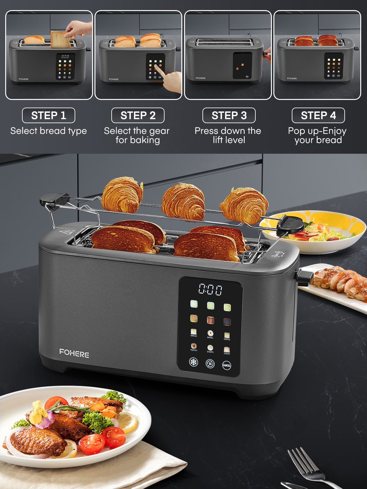 4 Slice Toaster Touch Screen Control, FOHERE Long Extra Wide Slots, 6 Bread Types & Shade Settings