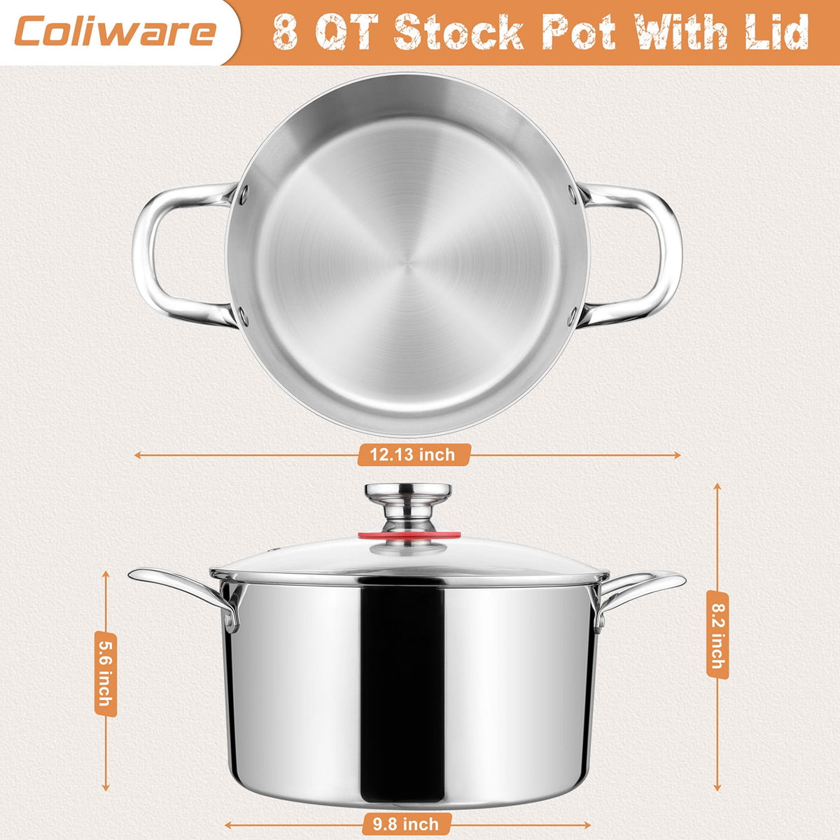 Coliware 8 QT Stainless Steel Stock Pot with Glass Lid, Cooking Soup Pot with 3-Ply Whole Clad for