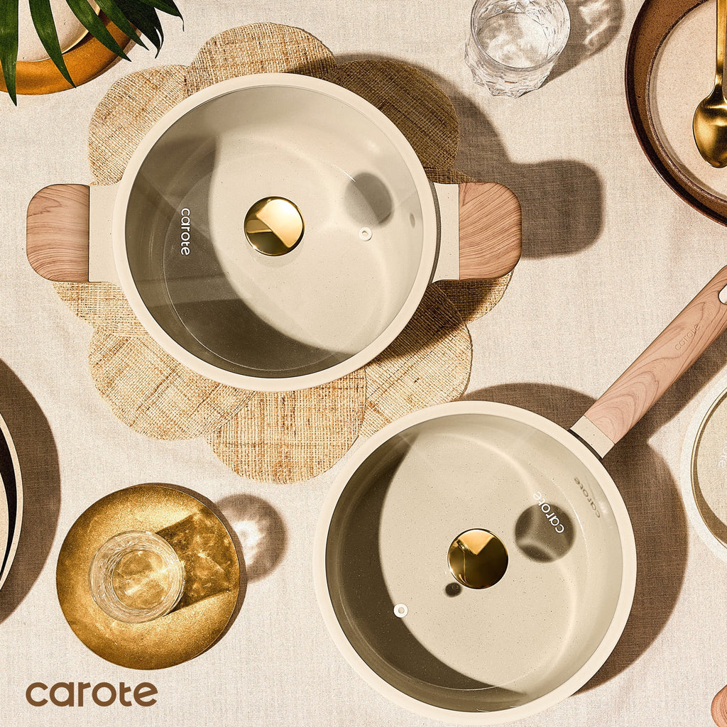 CAROTE 19-Piece Ceramic Pots and Pans Set, Nonstick Cookware Set with Lids, Induction Compatible, Oatmeal