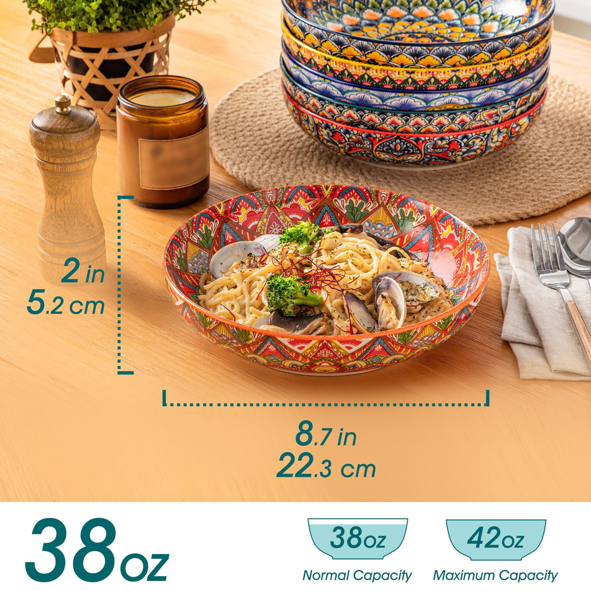 vancasso 32oz Pasta Bowls, Ceramic Salad Bowls Set of 6, Dishwasher and Microwave Safe, Bohemian Style