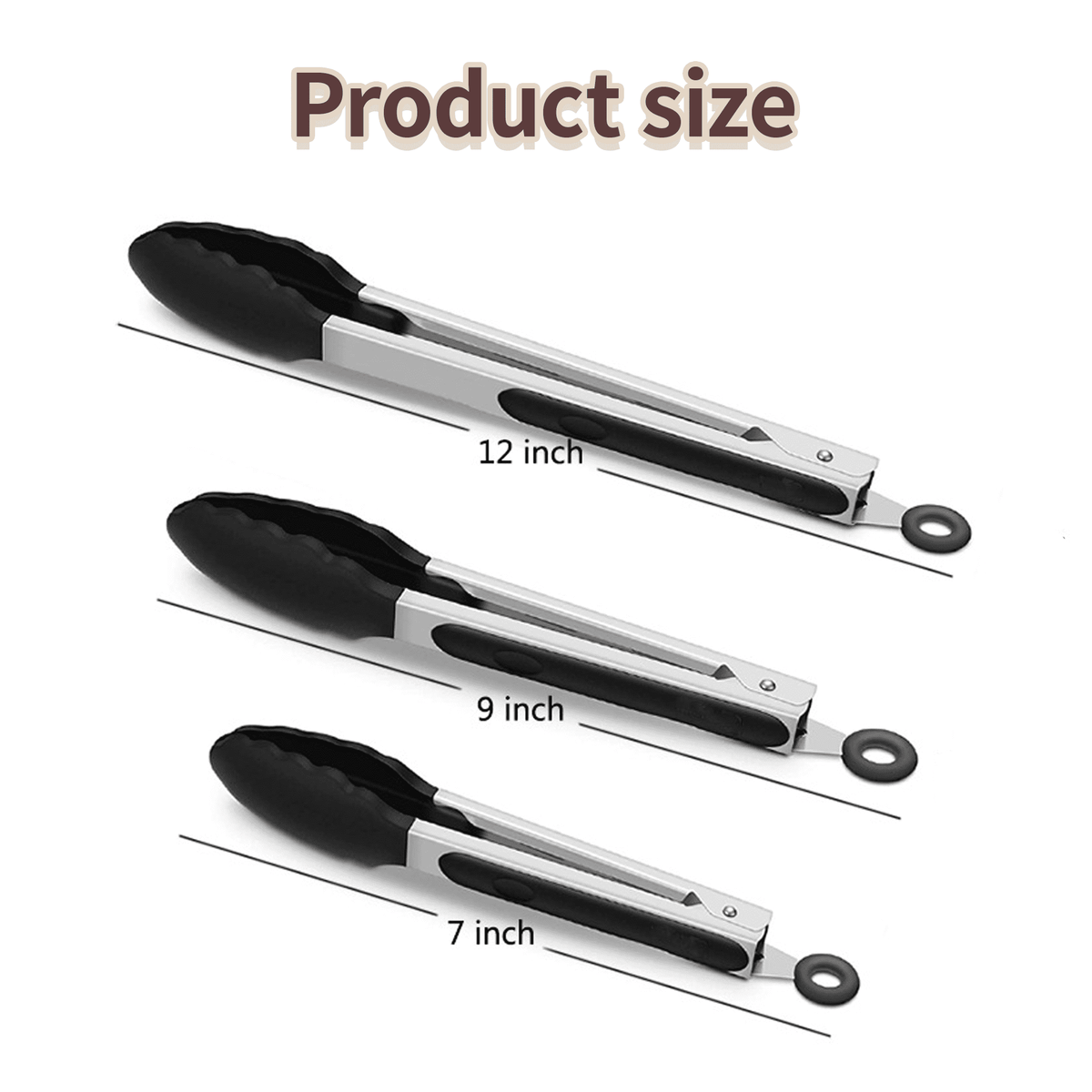 Non-stick black kitchen tongs with silicone tips, heat-resistant up to 480°F, 3-piece set (7“, 9”, 12"), featuring non-stick silicone tips and stainless steel handles. Ideal for cooking, serving, gri