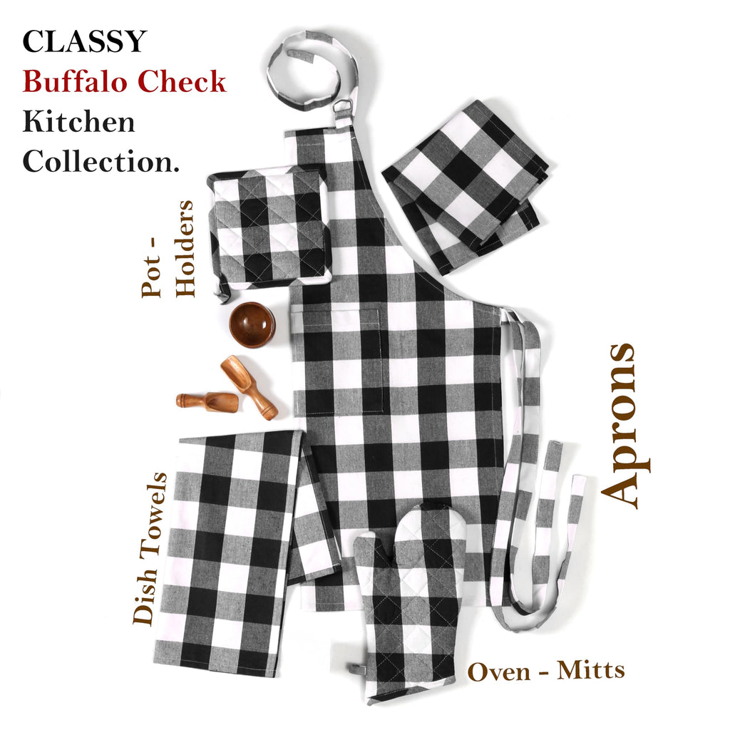 Softopia Cotton Buffalo Plaid Check 2 Pack Kitchen Aprons with Pocket 100% Cotton 27"x33" - Adjustable Neck Apron for Adults Cooking, Black White