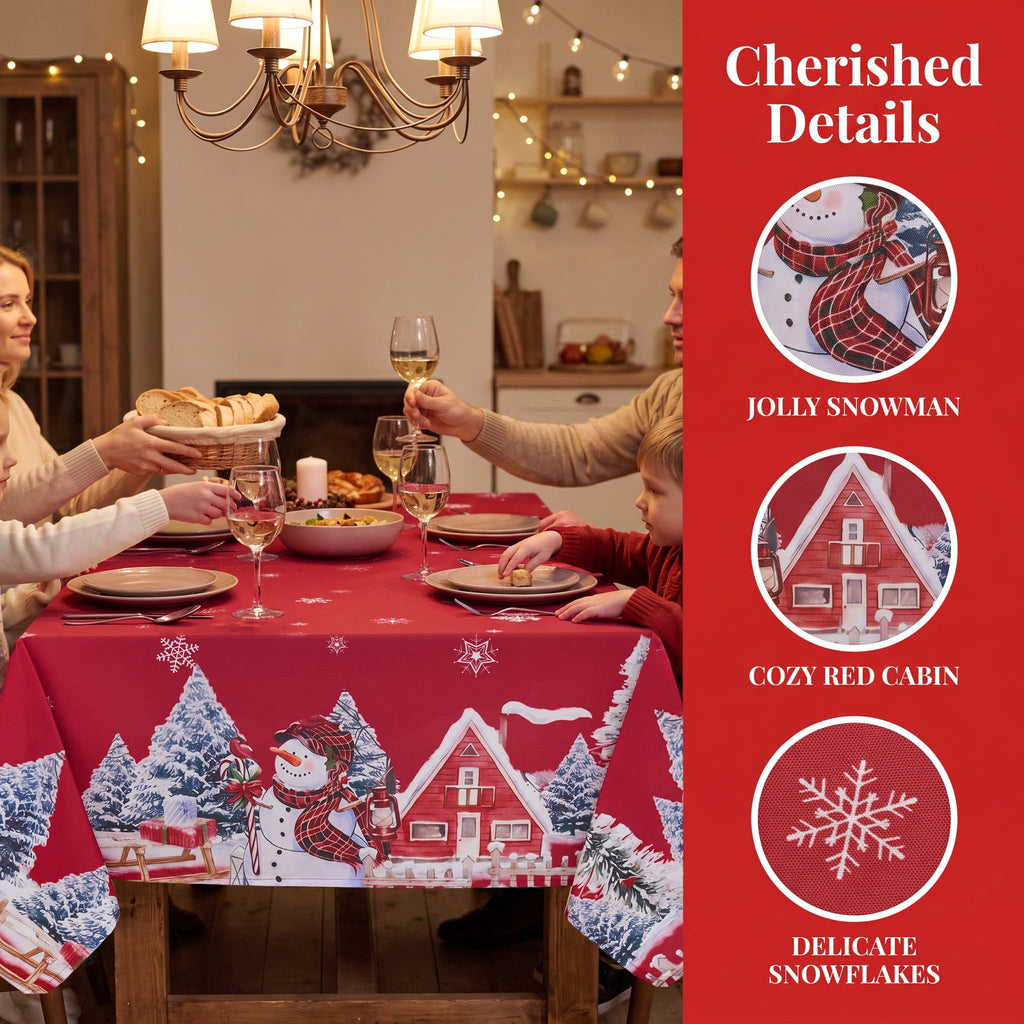 LUSHVIDA Christmas Tablecloth Rectangle, Winter Snowman House Christmas Trees Red Washable Table Cover for Party Picnic Dinner Decor, 60" x 84"