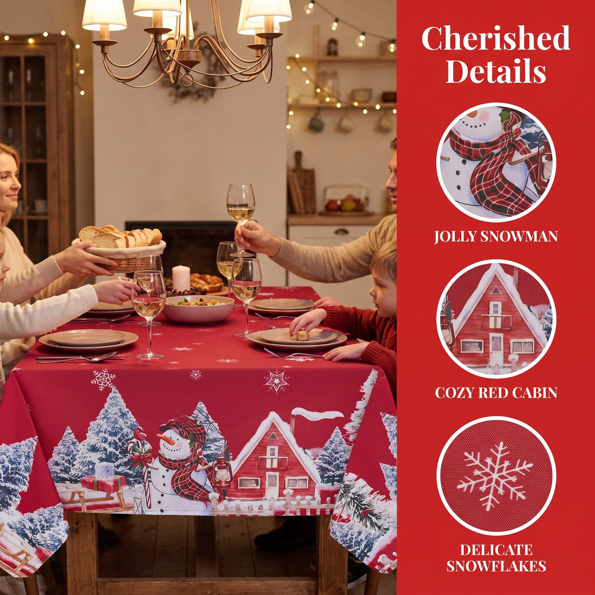LUSHVIDA Christmas Tablecloth Rectangle, Winter Snowman House Christmas Trees Red Washable Table Cover for Party Picnic Dinner Decor, 60" x 84"