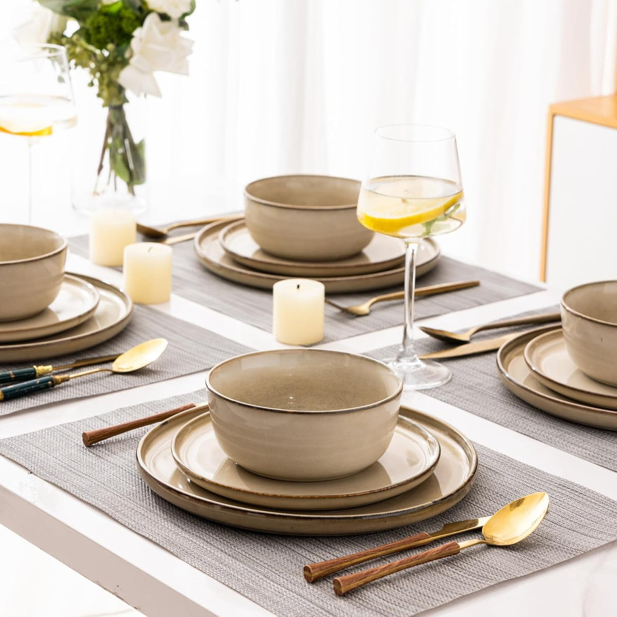 AmorArc Ceramic Dinnerware Sets for 4, 12 Pieces Stoneware Plates and Bowls Sets, Reactive Glaze Dishes -Scratch Resistant, Dishwasher&Microwave Safe, Space Blue (Service for 4)
