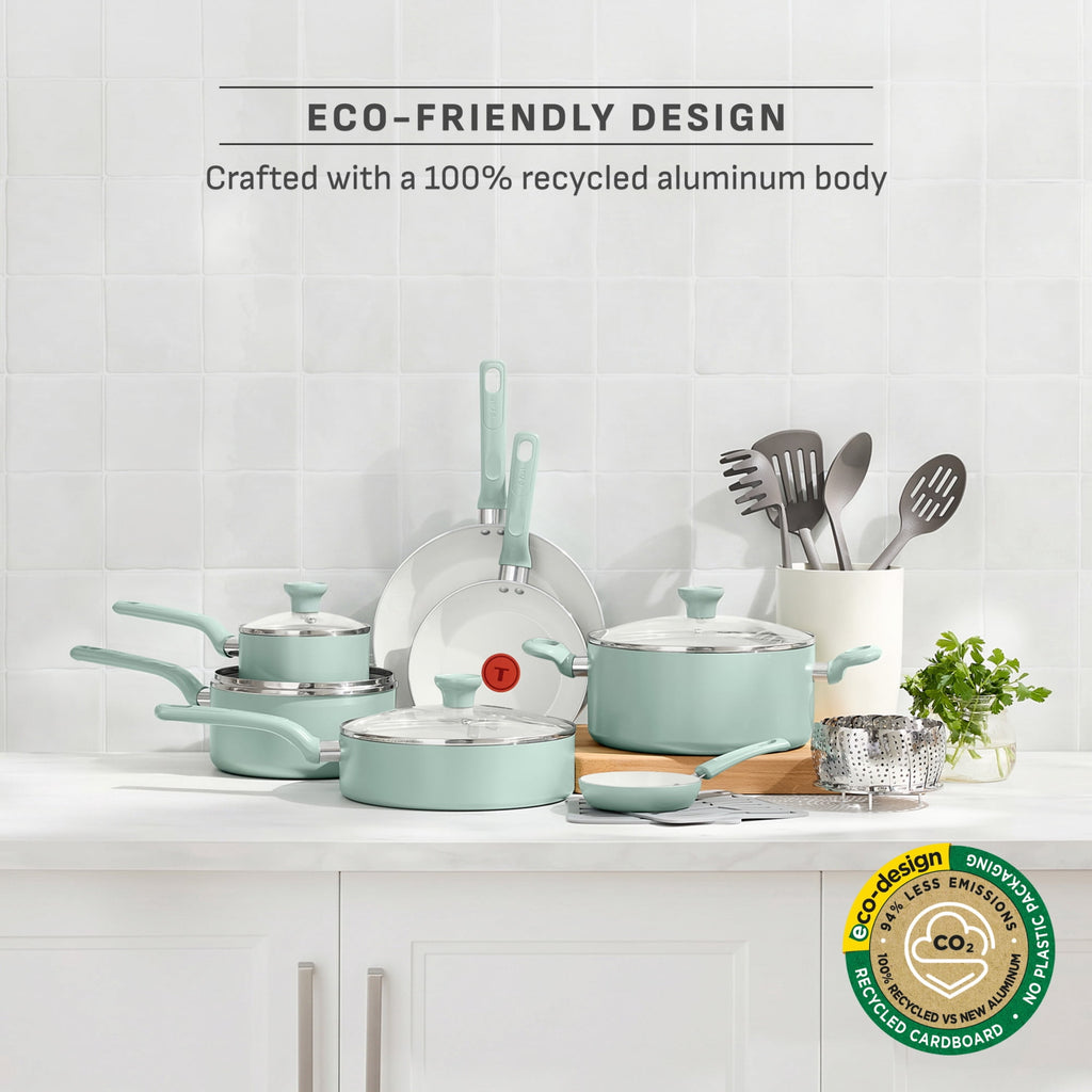 T-fal Easy Care 18 Piece Ceramic Nonstick Cookware Set, Pots and Pans, Mint Green