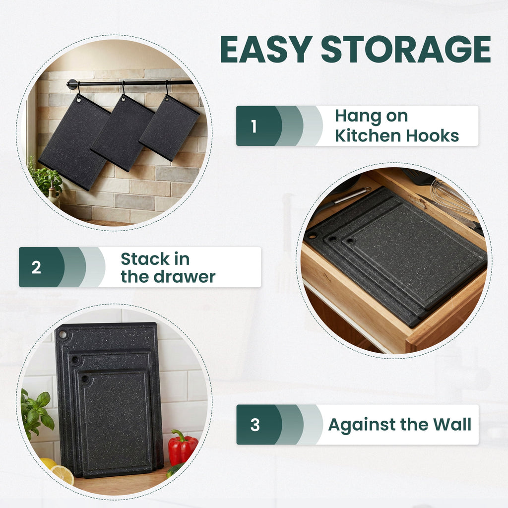 Kikcoin 3-Piece Plastic Large Cutting Boards Set for Kitchen, Chopping Board with Non-slip Feet and Juice Grooves