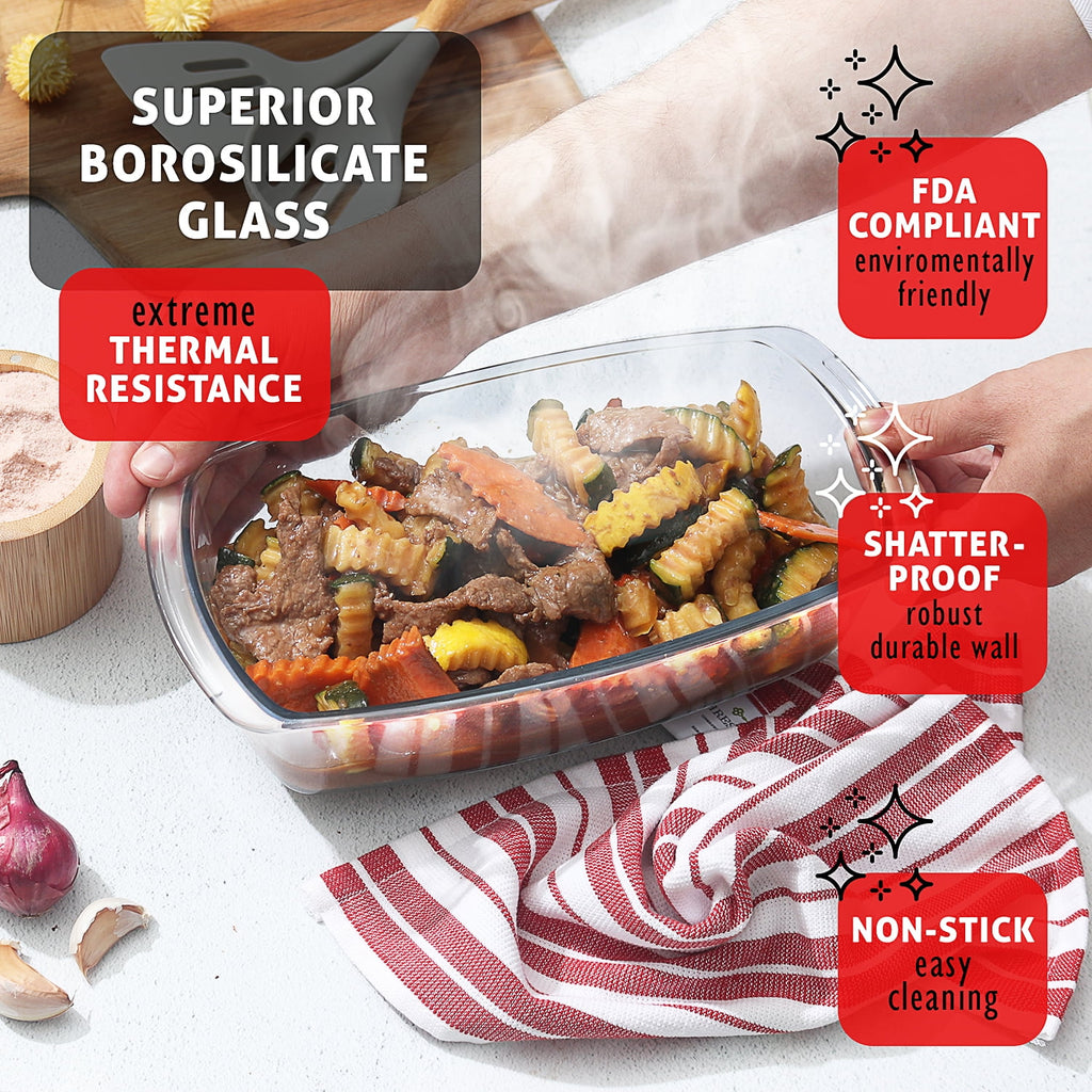 Virtu Glass Bread Loaf Pan, 6pc Glass Baking Dish with Lid, Food Storage Container, Black