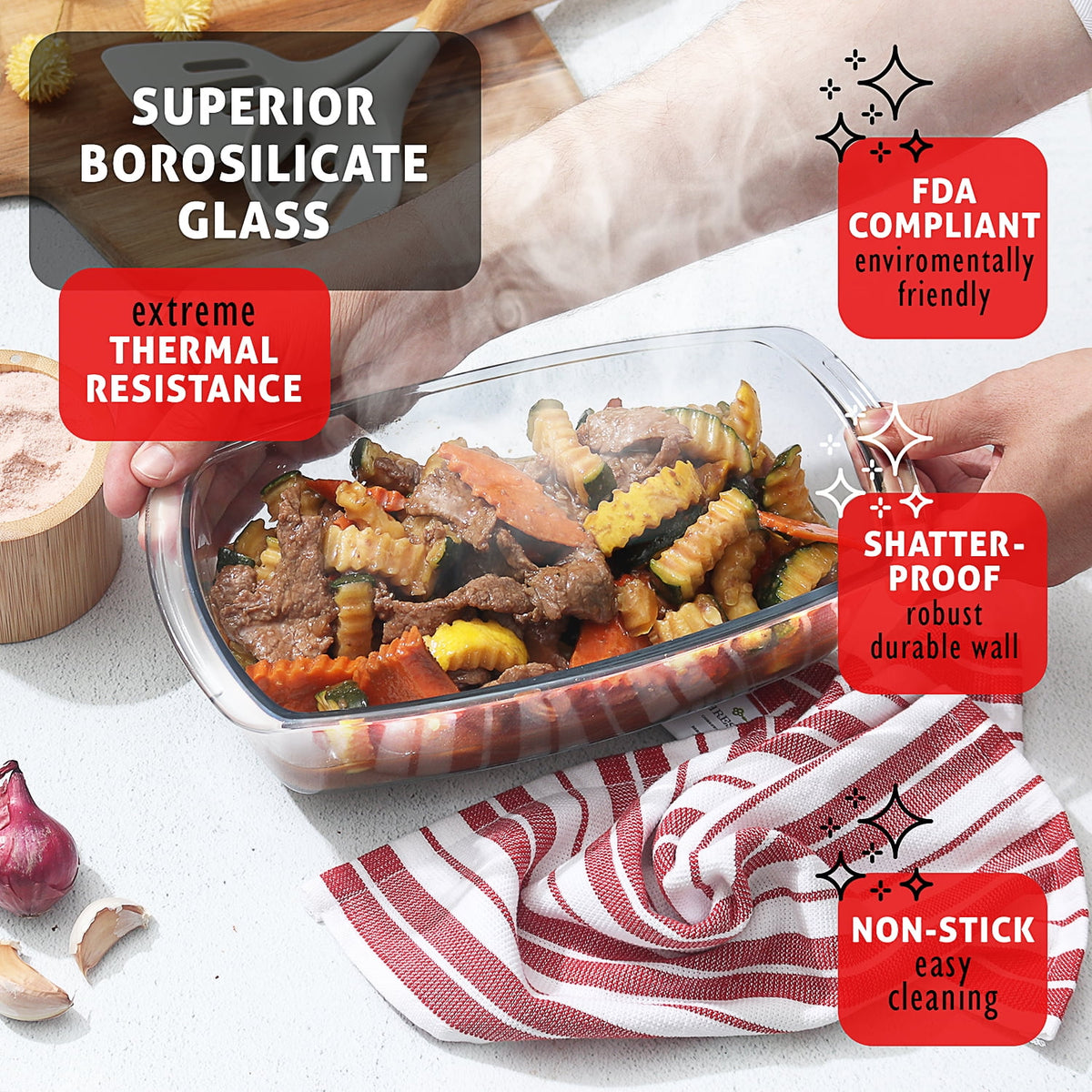 Virtu Glass Bread Loaf Pan, 6pc Glass Baking Dish with Lid, Food Storage Container, Black