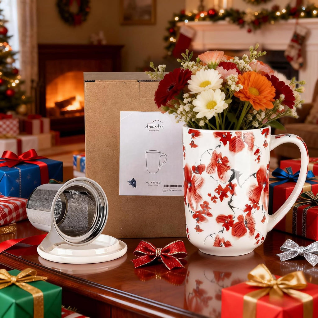AmorArc Porcelain Tea Mug with Infuser and Lids, 18 Oz Cup Strainer Bag Holder for Loose Leaf Tea, Steeping Coffee Well-wrapped Box House-warming Wedding Birthday Gift, YelloRed