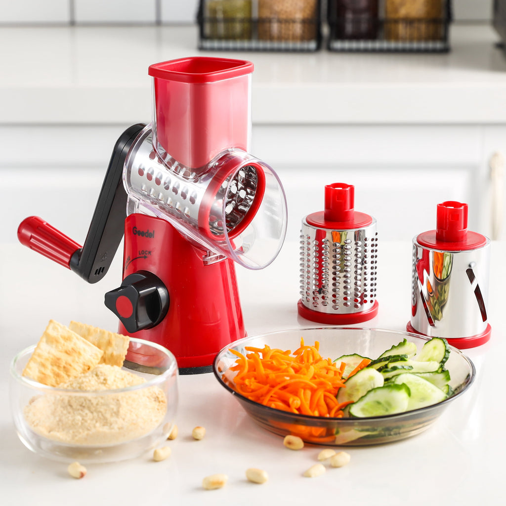 Geedel Rotary Cheese Grater, Kitchen Grater with Strong Suction Base, Dishwasher Safe, Easy to Clean Grater for Cheese,Vegetable, Nuts (3 Blades)