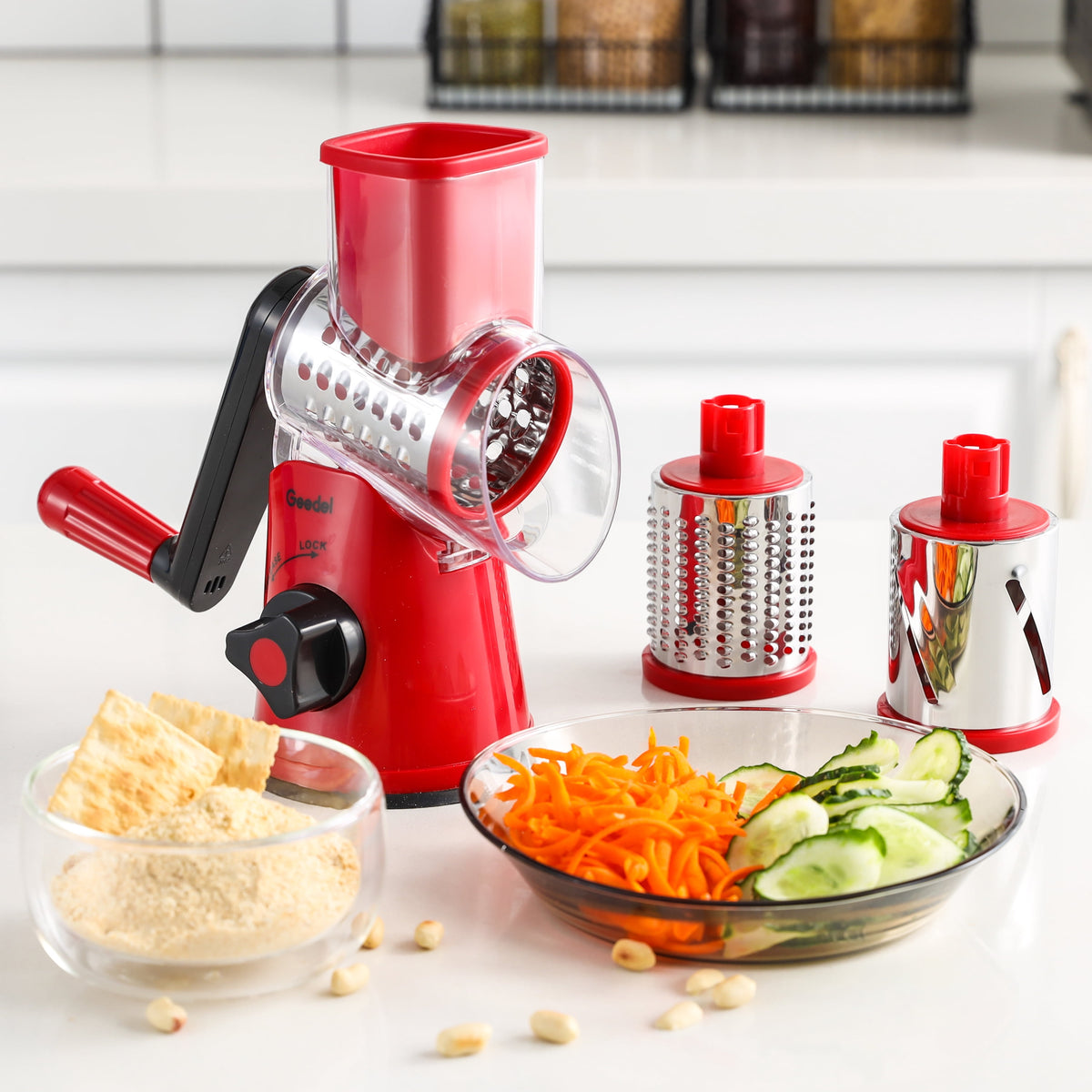 Geedel Rotary Cheese Grater, Kitchen Grater with Strong Suction Base, Dishwasher Safe, Easy to Clean Grater for Cheese,Vegetable, Nuts (3 Blades)