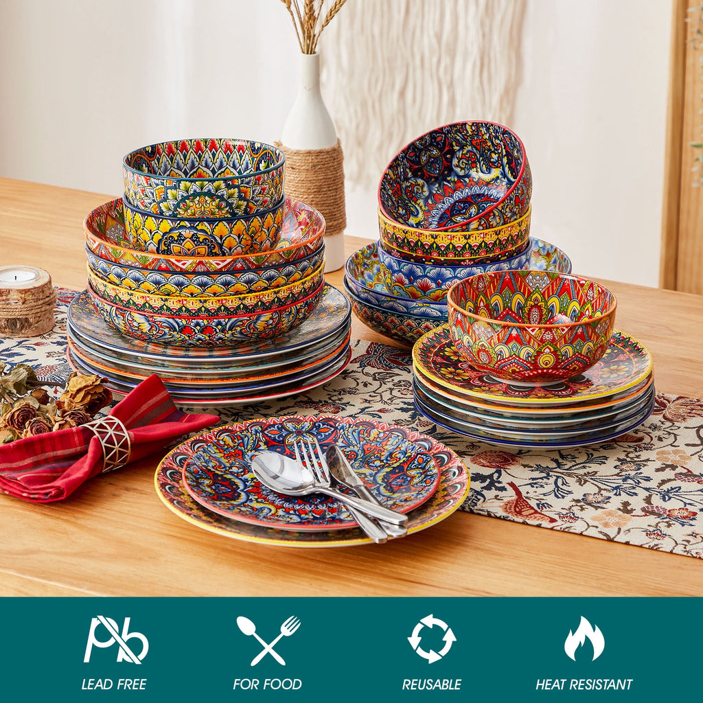 Vancasso Dinnerware Set, Porcelain Plates and Bowls Set for 4, 12 Pieces Ceramic Boho Dish Set for Kitchen, Dishwasher and Microwave Safe, Series LUMI