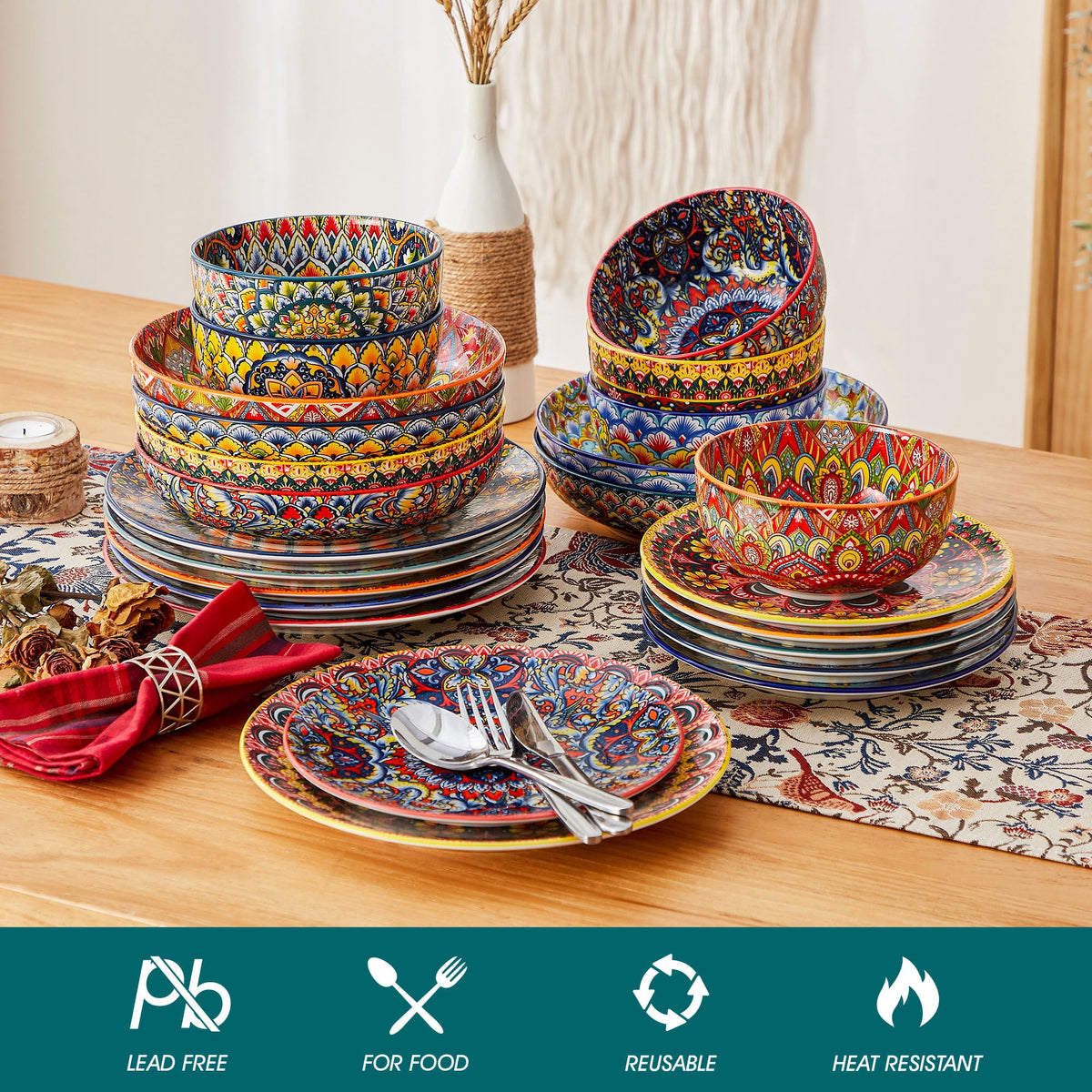 Vancasso Dinnerware Set, Porcelain Plates and Bowls Set for 4, 12 Pieces Ceramic Boho Dish Set for Kitchen, Dishwasher and Microwave Safe, Series LUMI