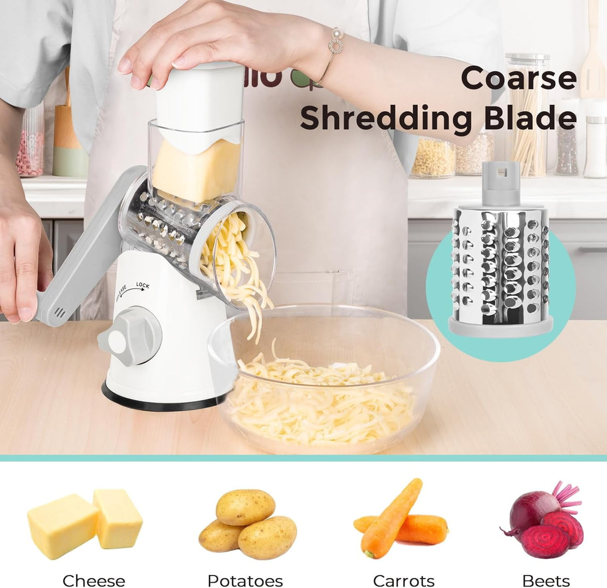 Premium Rotary Cheese Grater, Manual Cheese Grater for Kitchen, Handheld Vegetables Slicer Cheese Shredder with Rubber Suction Base, 3 Stainless Drum Blades Included,Blue