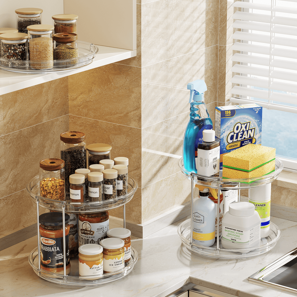 ROSSNY 2 Pack 9.25" 2-Tier Lazy Susan Turntable Organizer Countertop Kitchen Organization and Storage Spice Rack Bathroom Vanity Holder, Clear
