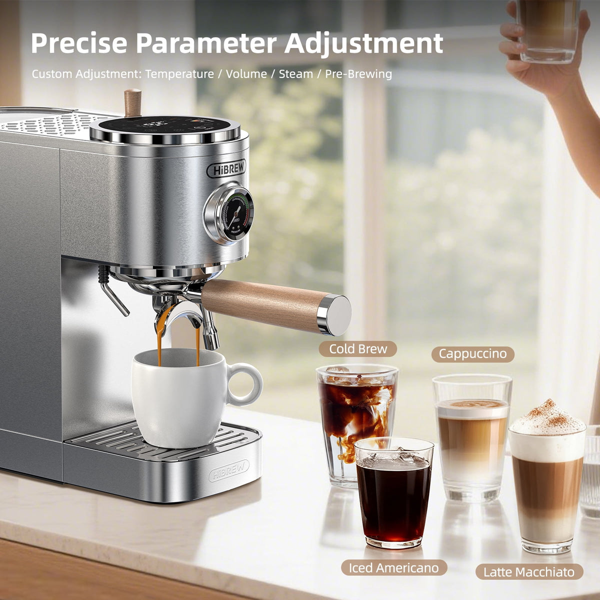 HiBREW H13 Semi-Automatic Espresso Maker - 6 Programmable Drink Modes, 1.3L Water Tank & Adjustable Pre-Infusion