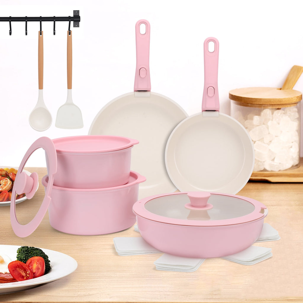 17 Piece Ceramic Pots and Pans Set Non Stick, Cookware Set with Detachable Handle, Oven Safe, Induction Ready, Stackable RV Kitchen Cooking Set Removable Handles, Cream White
