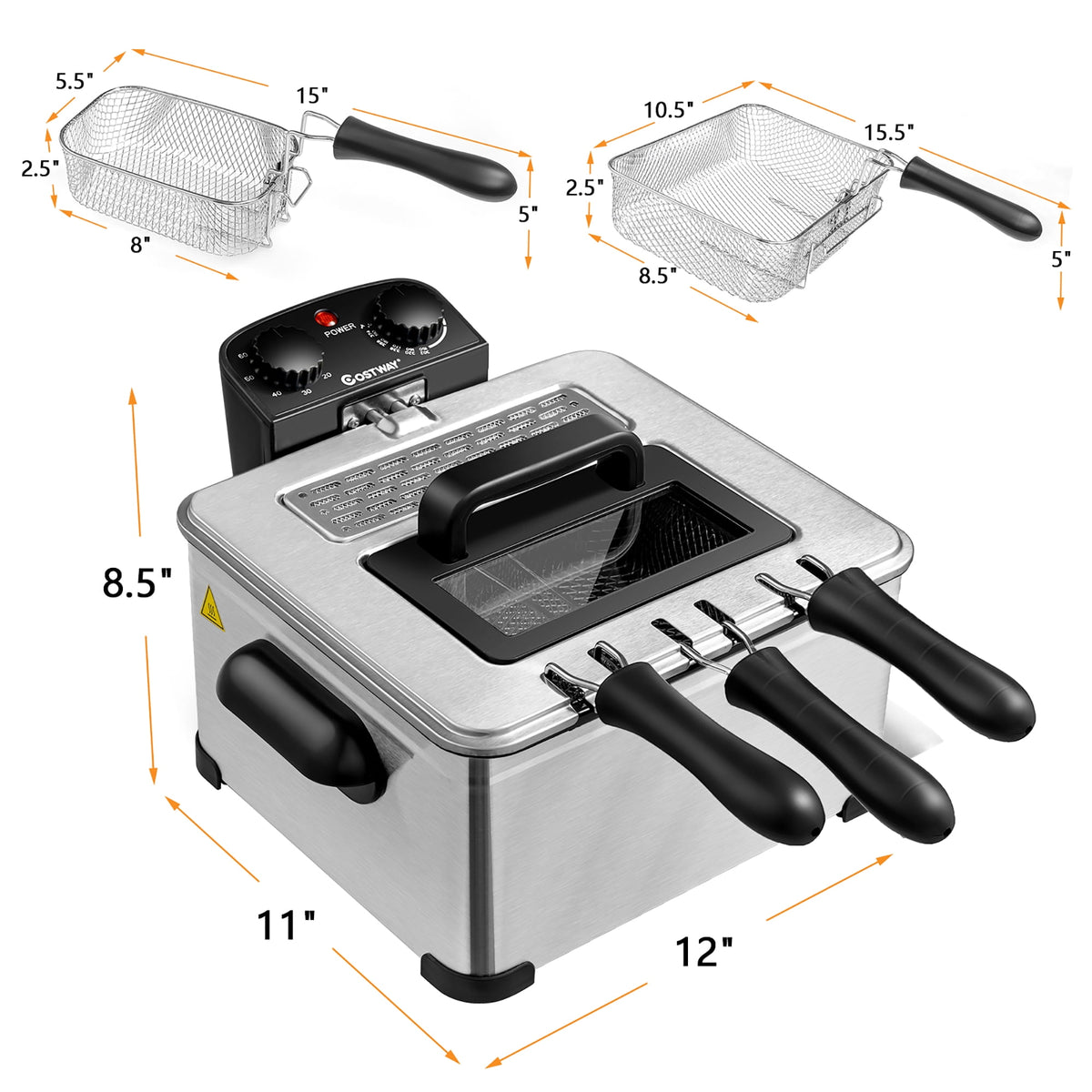Costway Electric Deep Fryer 5.3 QT/21-Cup Stainless Steel 1700W with Triple Basket Silver