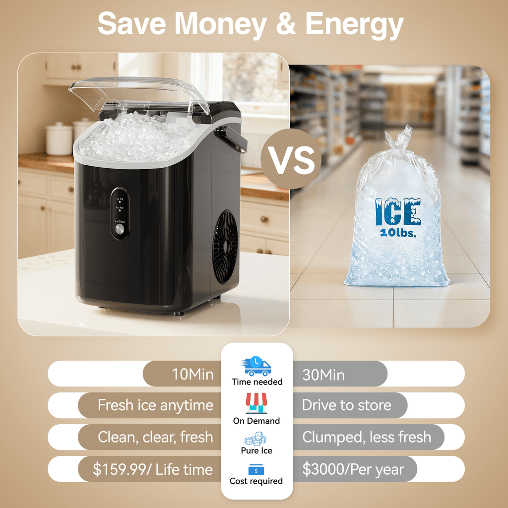 Goosiay 33lb Nugget Ice Maker Countertop, Portable Pebble Ice Machine with Handle, Soft Chewable Pellet, Stainless Steel Black