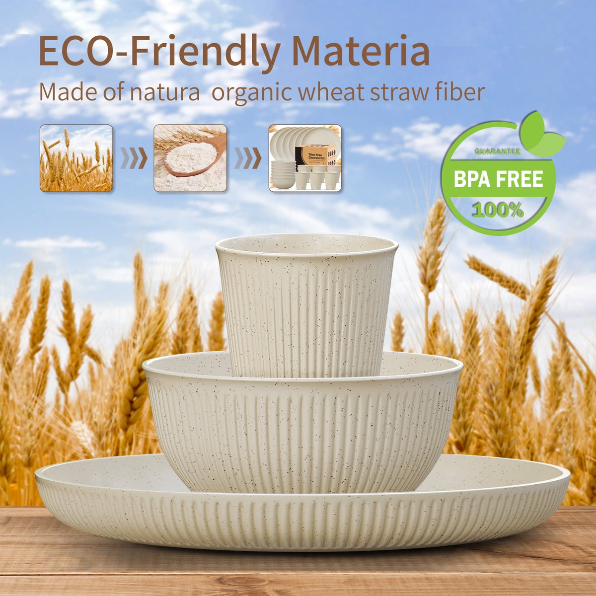 TINANA Wheat Straw Dinnerware Sets, Service for 6, 18 PCS Unbreakable Plastic Dinnerware, Freezer Dishwasher Safe - Beige