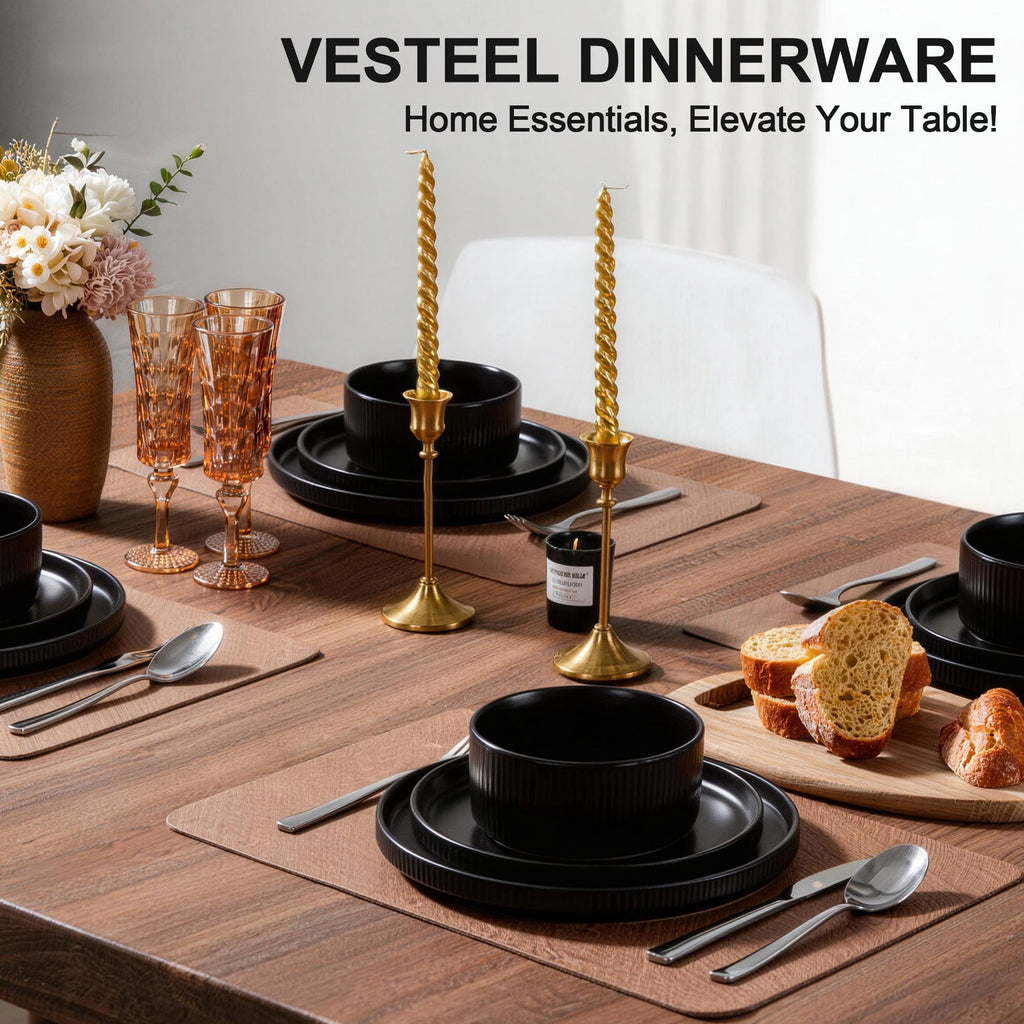 Vesteel 12 Pieces Dinnerware Set for 4, Premium Stoneware Ribbed Dishes, Chip & Scratch Resistant Plates and Bowls Set for Home Restaurant, Microwave and Dishwasher Safe - Speckled White