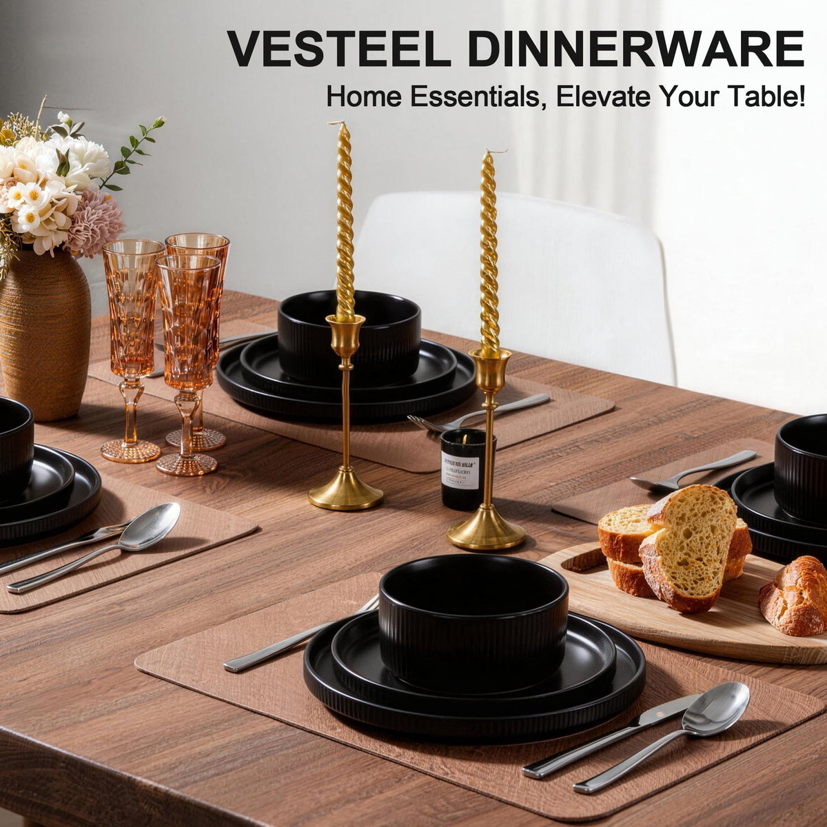 Vesteel 12 Pieces Dinnerware Set for 4, Premium Stoneware Ribbed Dishes, Chip & Scratch Resistant Plates and Bowls Set for Home Restaurant, Microwave and Dishwasher Safe - Speckled White