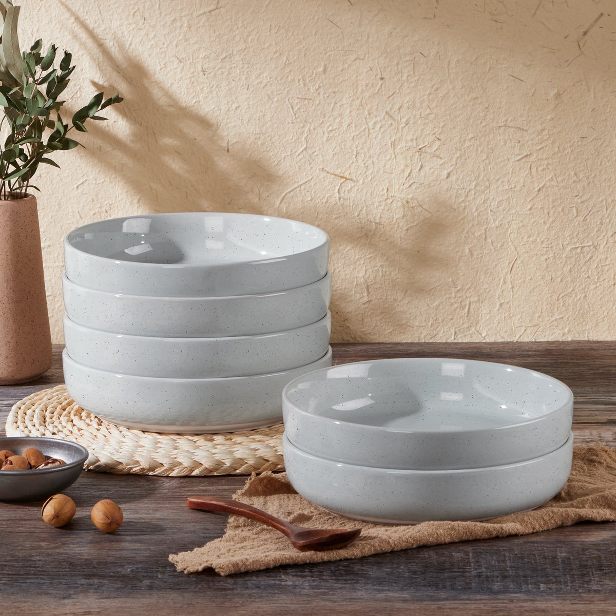 Vesteel Pasta Bowls Set of 6, 32oz Large Salad Bowl for Home Kitchen, Ceramic Serving Plates for Soup, Cereal, Fruits, Microwave & Dishwasher Safe, Speckled White